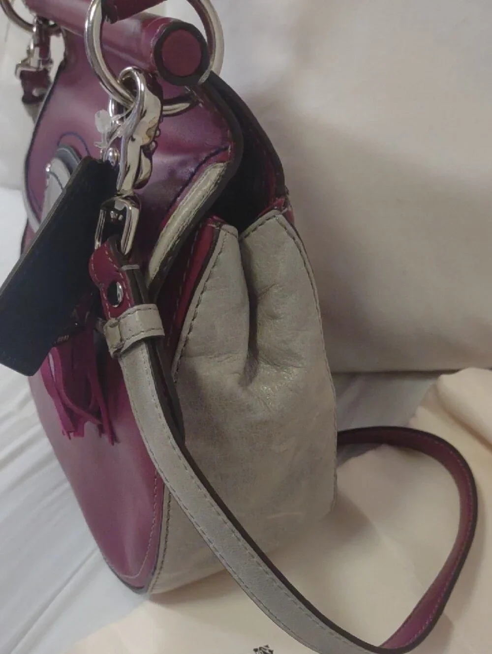 COACH Plum Leather Satchel with Contrast Trim and Tassel